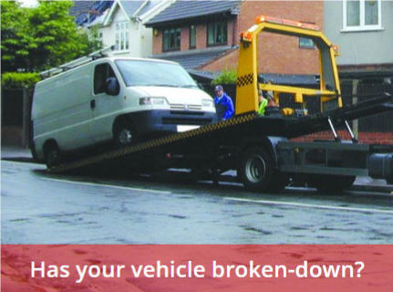 Van being recovered on back of recovery truck. Caption says: 'Has your vehicle broken down?'